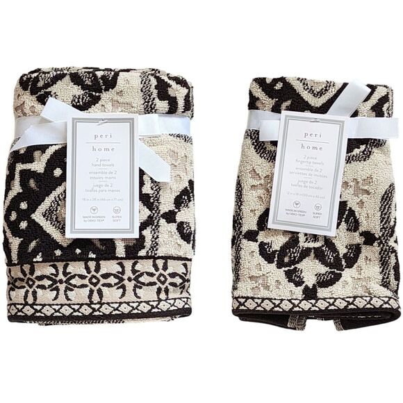 Peri Home Moroccan Tiles 6pc Cotton Towels Black Beige Set 2 Bath 2 Hand 2 Tip - Picture 10 of 16